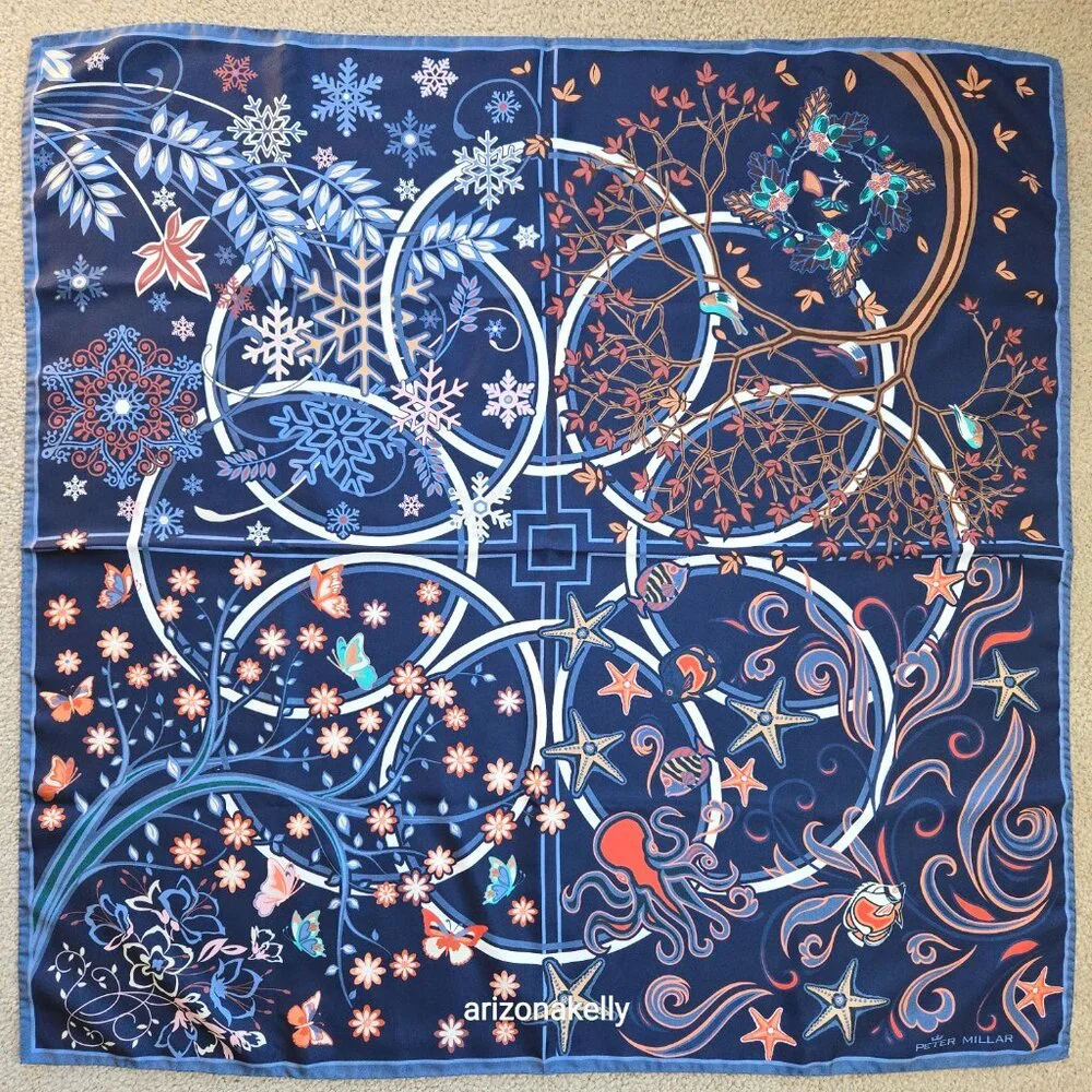 NWOT Peter Millar Silk Square Scarf *Four Seasons* Bird Butterfly Octopus